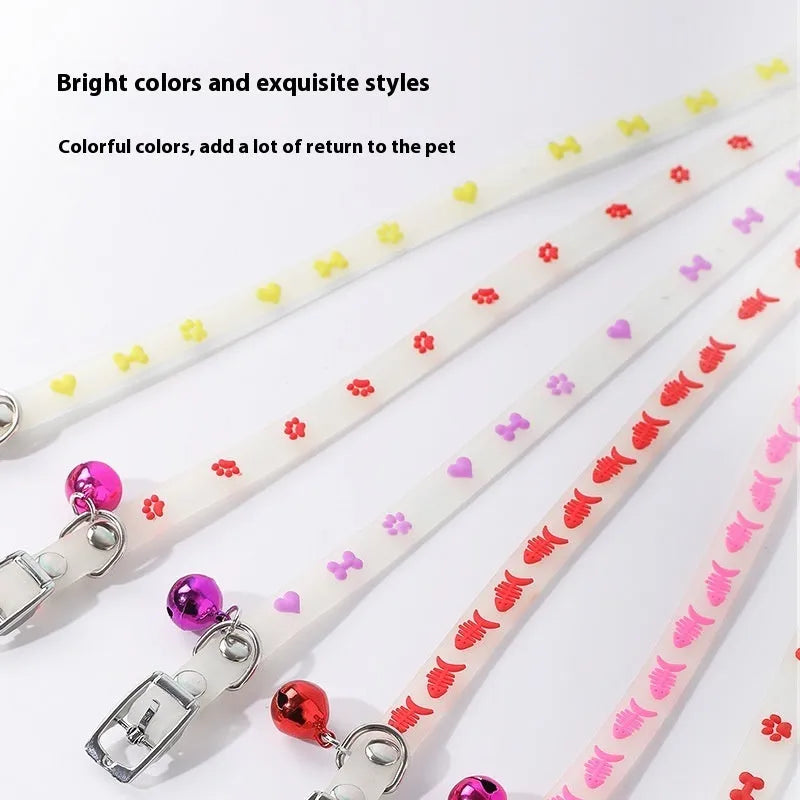 Cat wearing luminous collar with night illumination and metal bell on adjustable silicone chain
