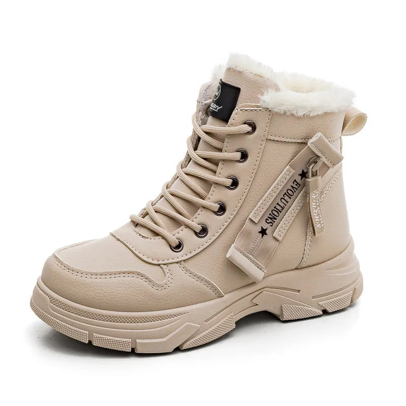 Plus size women's snow boots in khaki with velvet lining, front lace-up, rubber sole, and mid heel