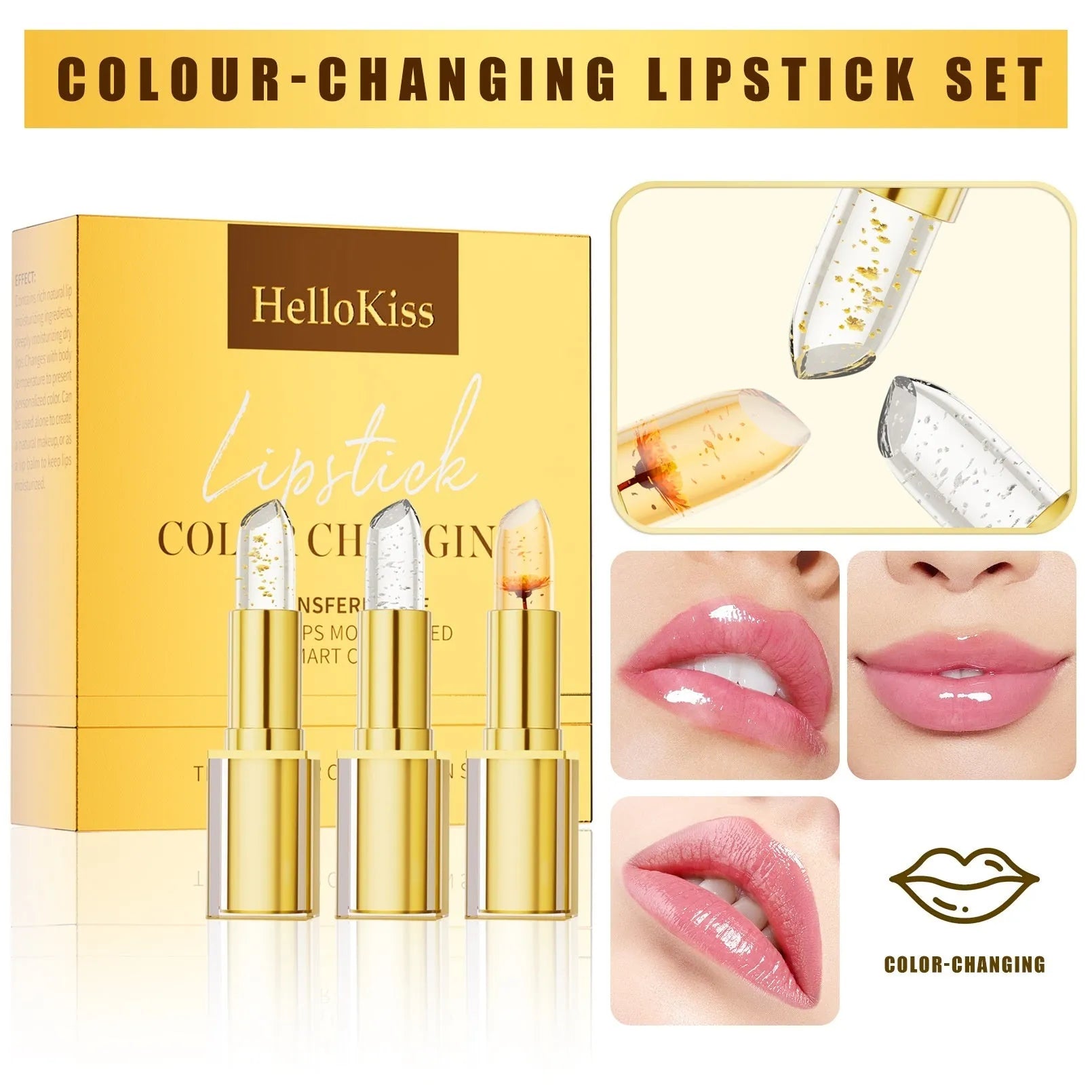 YB1001 warm colour-changing anti-smudge lipstick in gold case with 3.5g net content