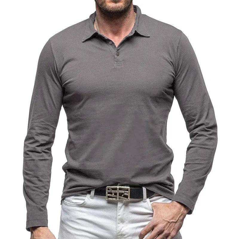 Men's dark grey long sleeve polo collar cotton T-shirt laid flat, American retro style.