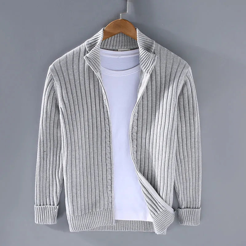 Men's loose fit cotton sweater coat in carbon gray, side view