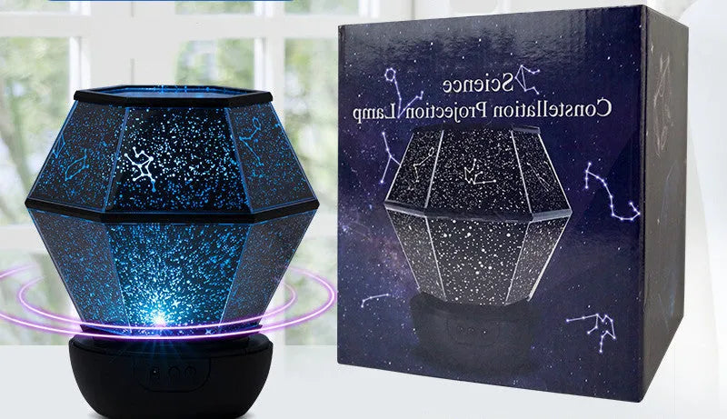 Circular LED rotating stars night light projecting coloured star patterns on wall