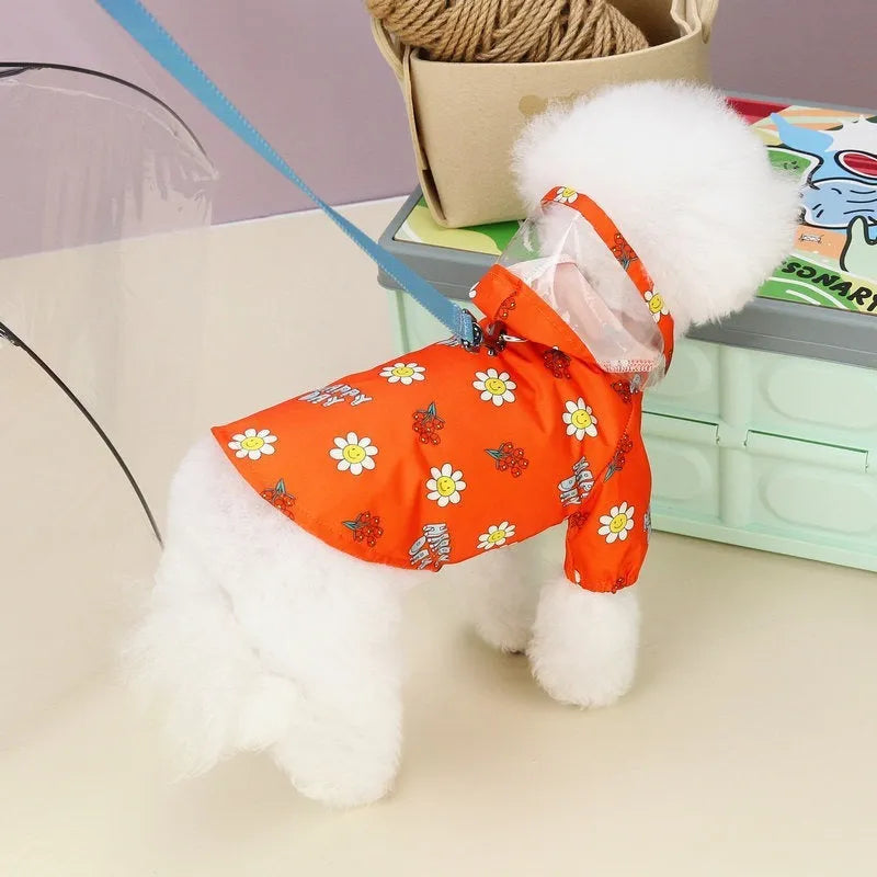 Transparent dog raincoat with pull ring traction, waterproof polyester, small flower pattern orange and white options