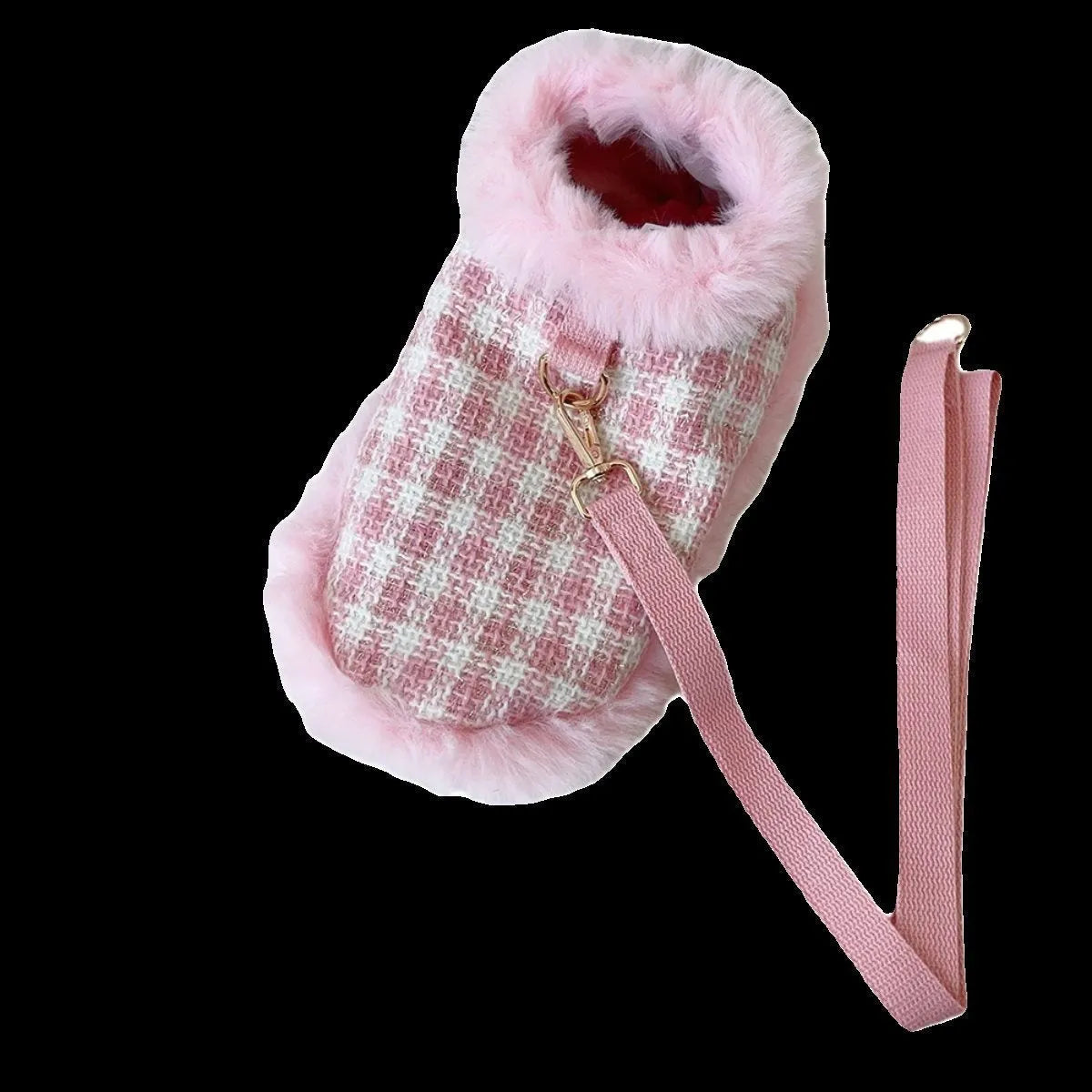 Pink cat cloak costume set with beret and hand-holding rope detail on hanger