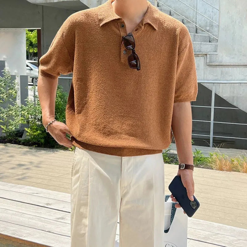 Men's caramel retro knitted polo shirt with asymmetric design and short sleeves
