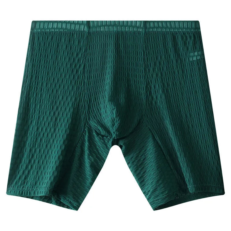 Men's transparent lace boxer shorts in white on a mid-waist fit model.