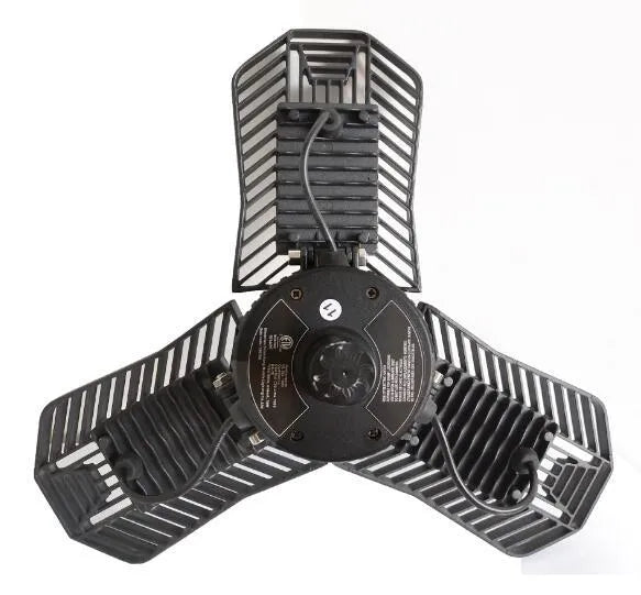 A silver die-cast aluminium foldable industrial LED lamp for garage or workshop use.