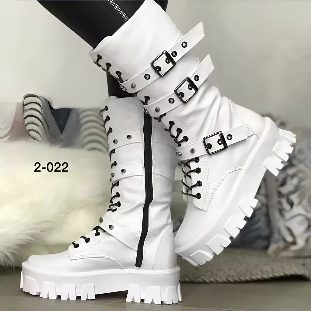Women's black mid-calf boots with metal buckle strap and side zip on a white background.