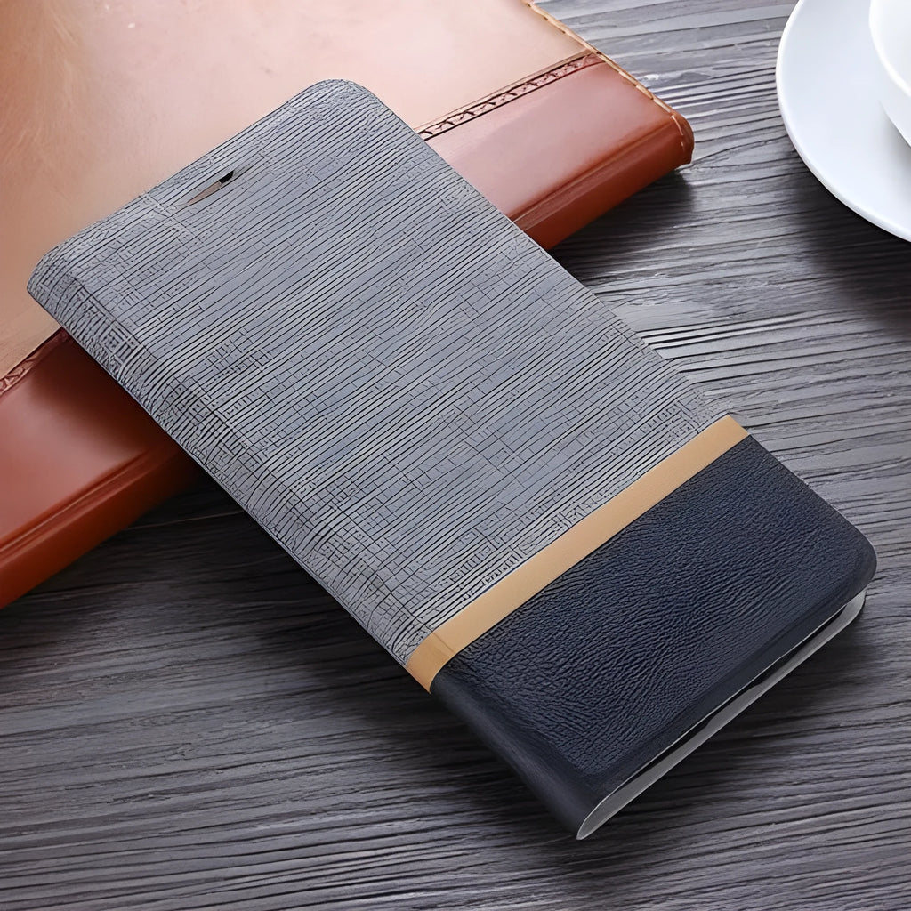 Glory 8A color contrast case with PU denim leather pattern and TPU clear back in black grey blue