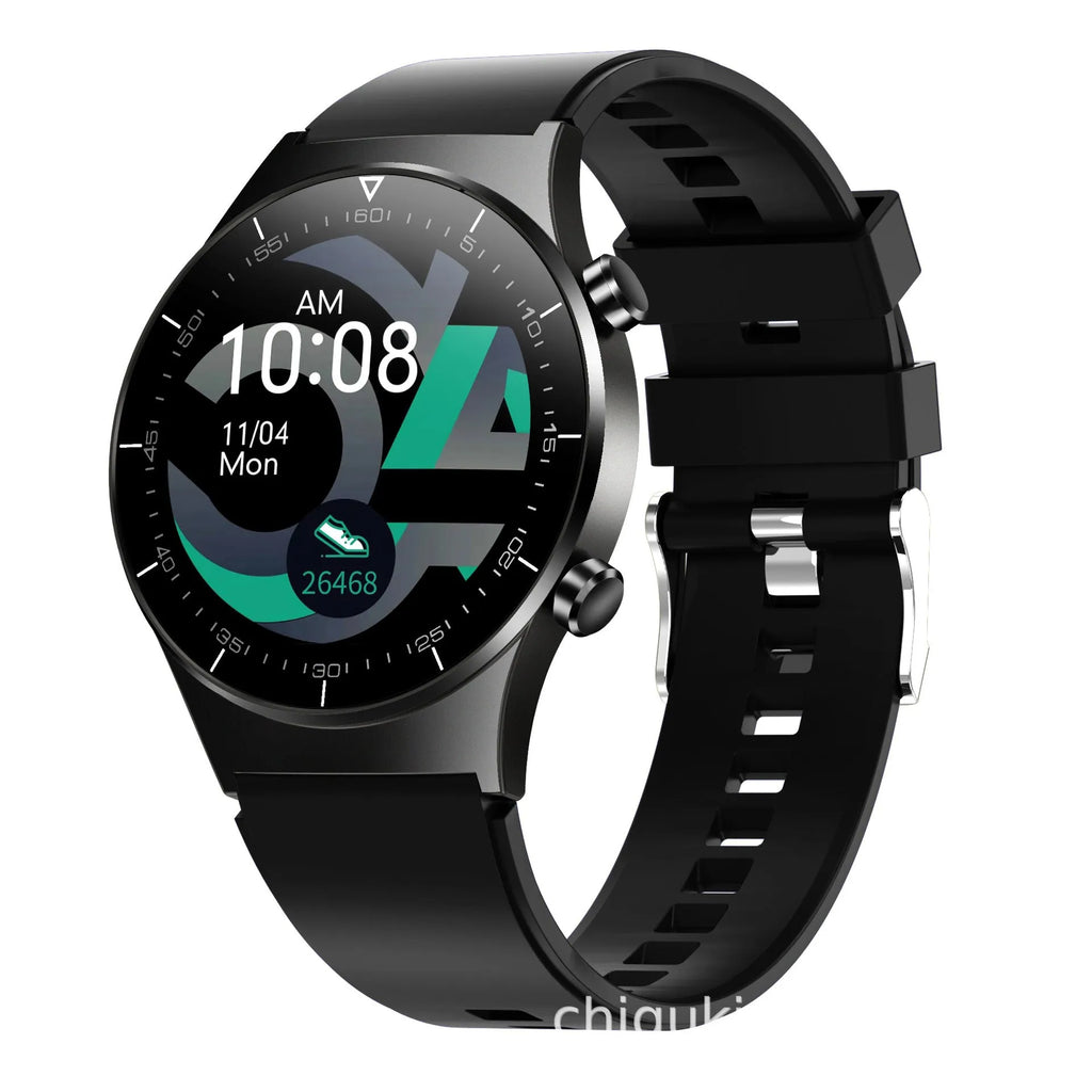 Black smart watch with heart rate monitoring on TPU wristband showing 1.28-inch glass touch screen
