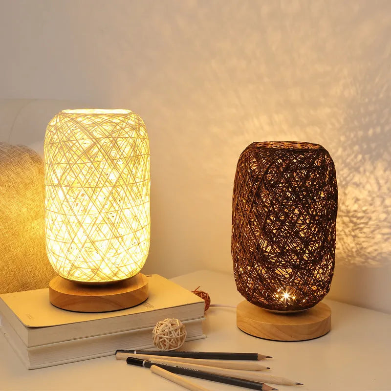 Sepak Takraw ball desk lamp with hemp rope construction on solid wood base