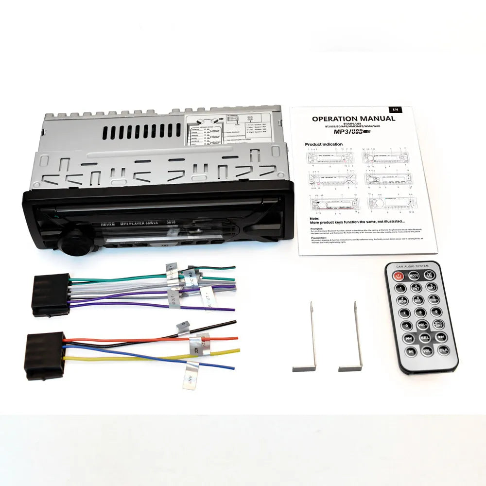 Single-DIN car stereo with LCD display, rotary volume knob, USB port, and buttons for Bluetooth and radio