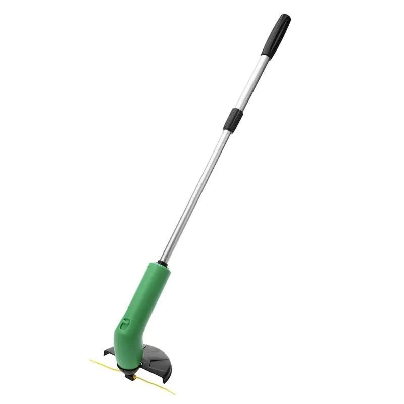 Cordless lawn trimmer weed trimmer with extension pole and debris shield on green grass