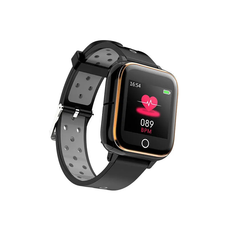 Black smart watch with built-in Bluetooth earbuds stored in the watch case on a wrist