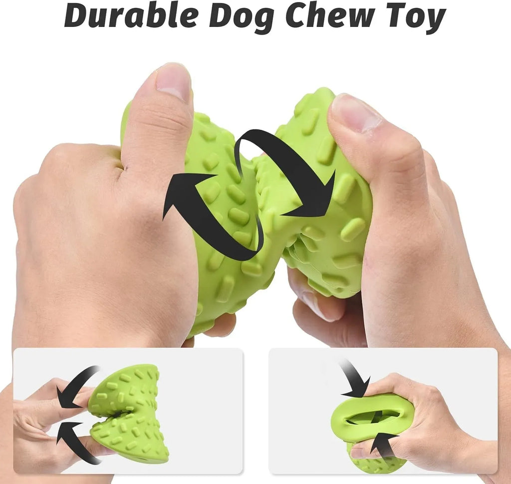Blue natural rubber dog chew toy with hollow treat-dispensing centre and bone shape