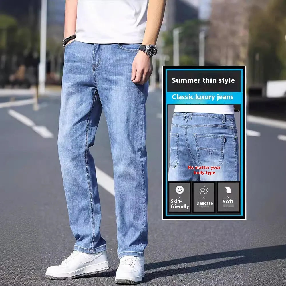 Thin stretch cotton denim tapered trousers in business casual style, available in four colours