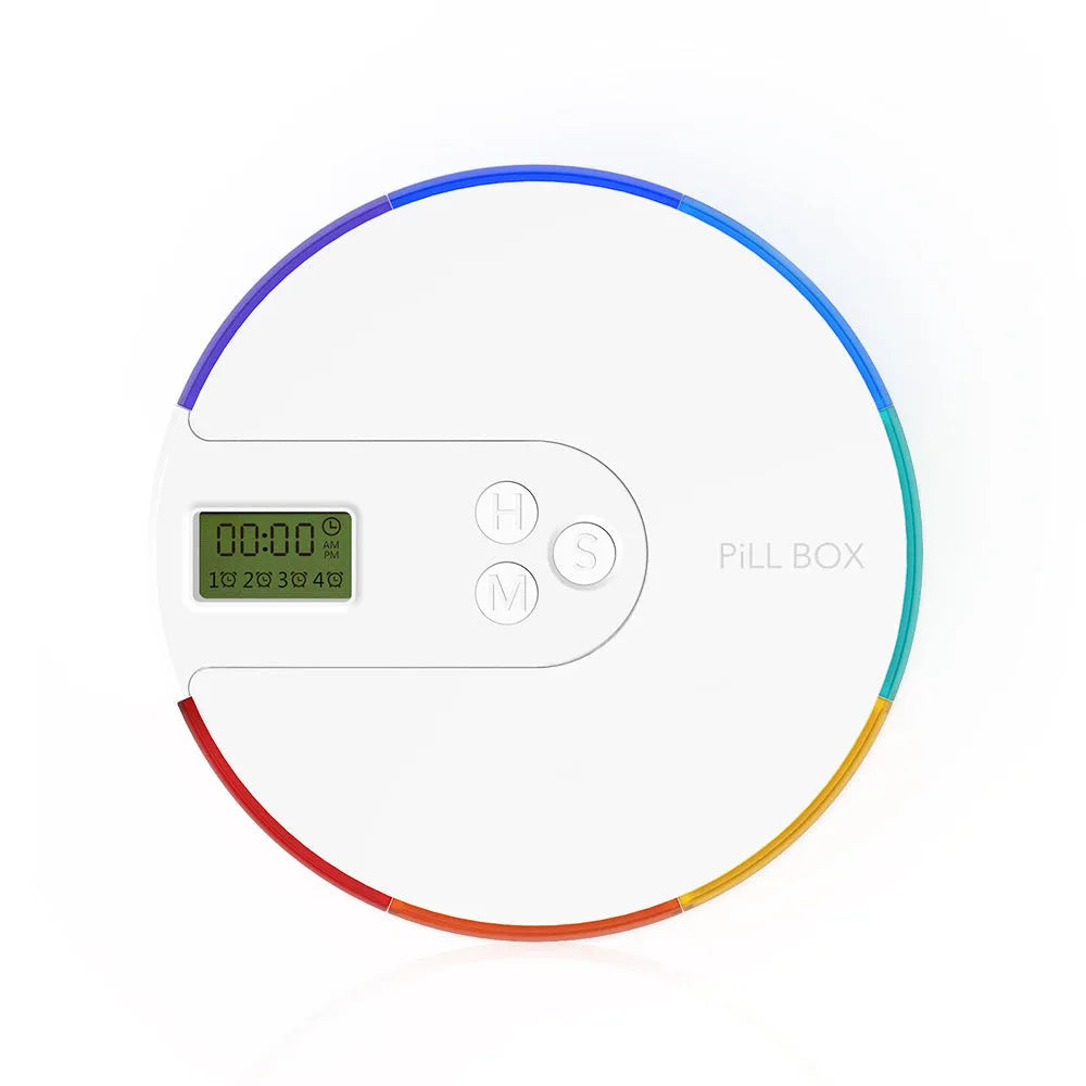 Seven compartment alarm clock pill dispenser showing medication compartments and display