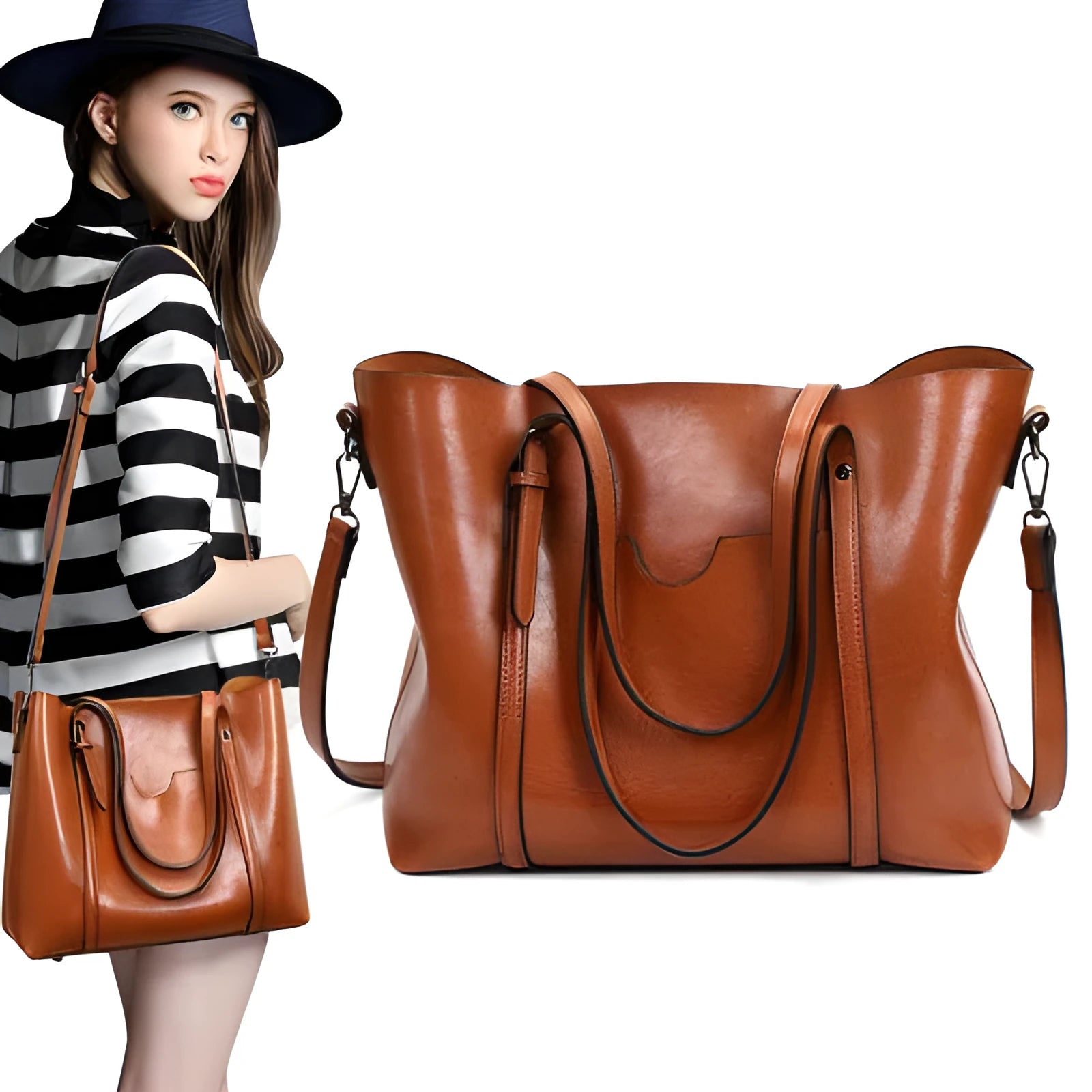 Retro messenger bag for women in PU leather with large main compartment