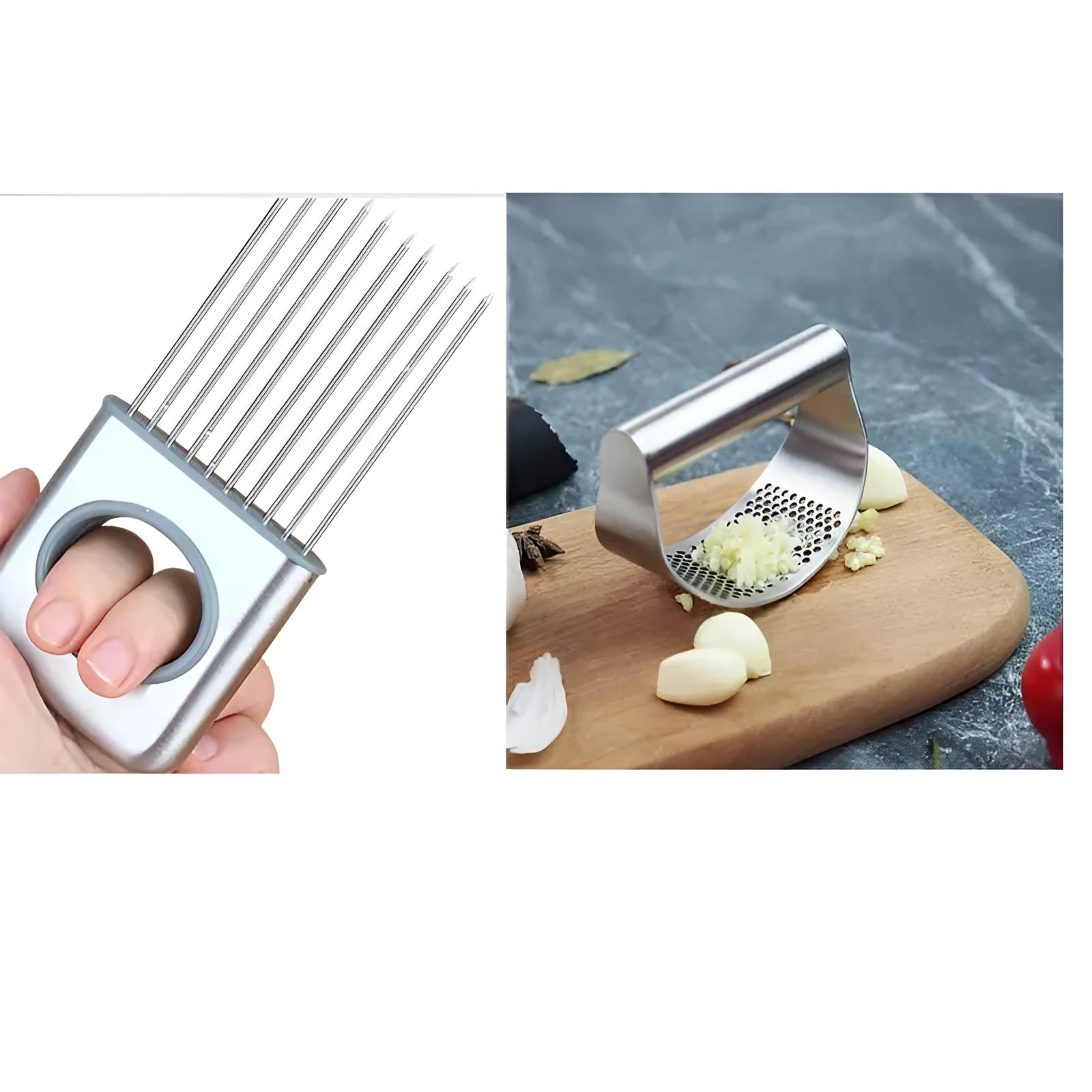 Stainless steel garlic press and onion fork kitchen bundle with PP handles on a table
