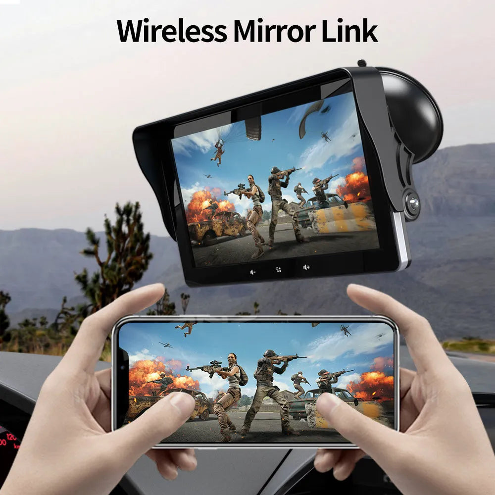 7-inch wireless CarPlay display with universal suction cup mount and cigarette lighter power adapter