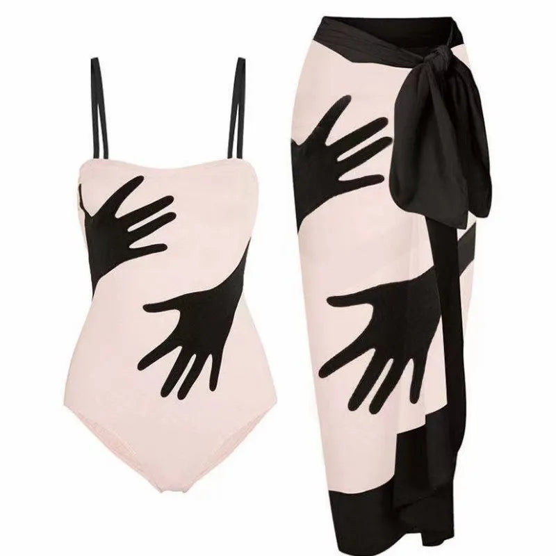 Women's one-piece bikini swimsuit with a gauze skirt, shown on a model.