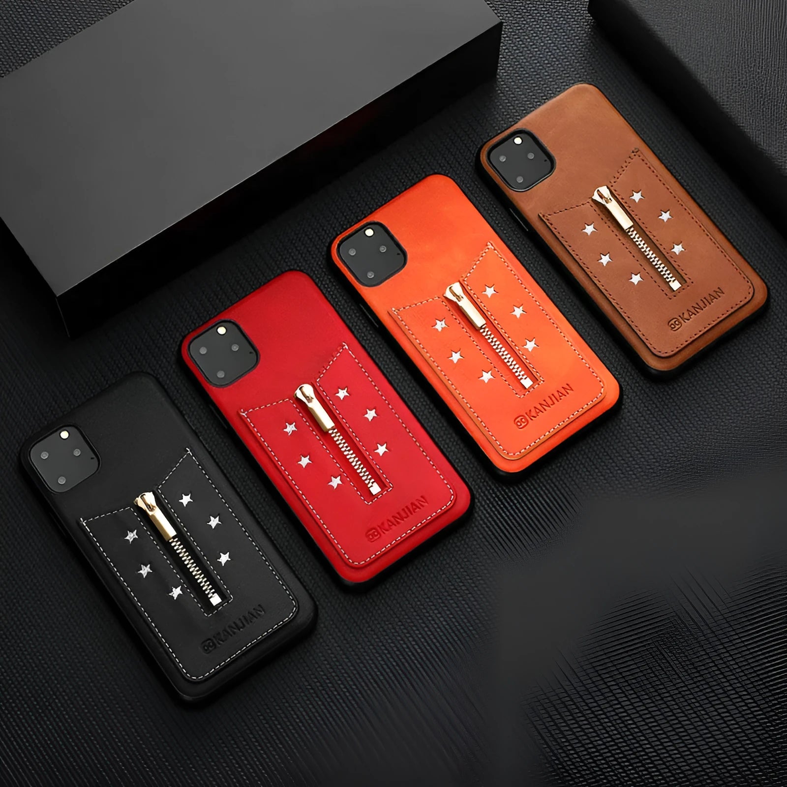 Zipper phone case in black PU with front flap closed, suitable for iPhone 11 Pro and Note 10 models