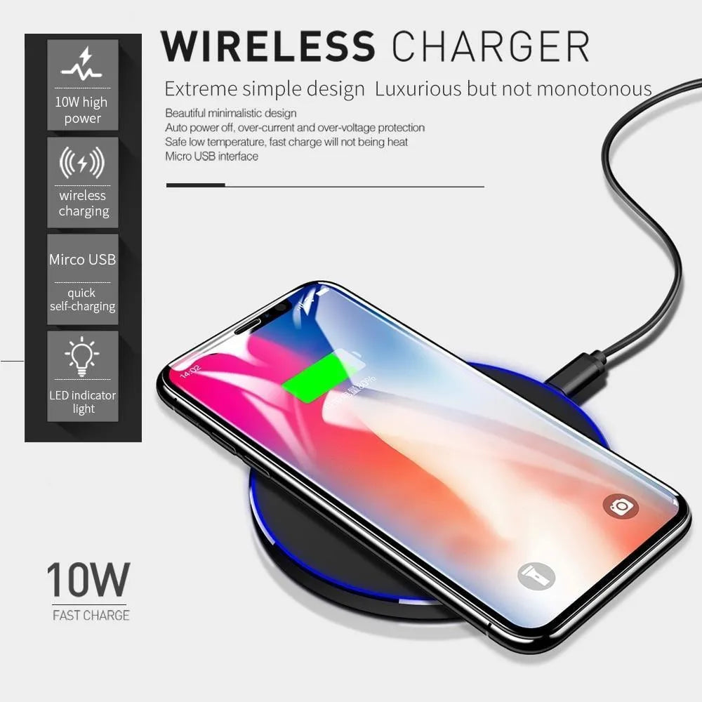 Black ultra-thin wireless fast charging base measuring 98mm square with 6.5mm thickness