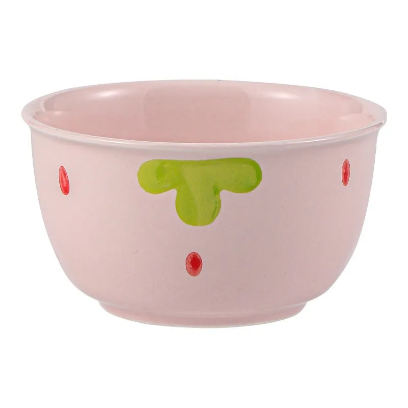 Cute strawberry pattern porcelain dinnerware set with flower bowls, plates, and a twist spoon