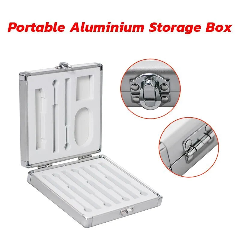 Silver aluminium storage box for TS100 soldering iron, 154x147x36mm, on a flat surface