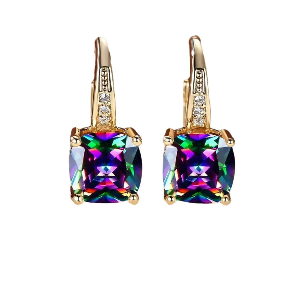 Geometric square ear clip with colourful moissanite detailing and electroplated metallic finish