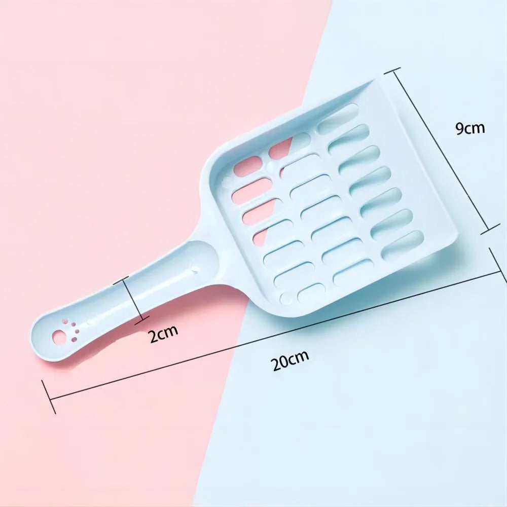 Plastic cat litter scoop in blue colour showing 20cm length for litter box cleaning