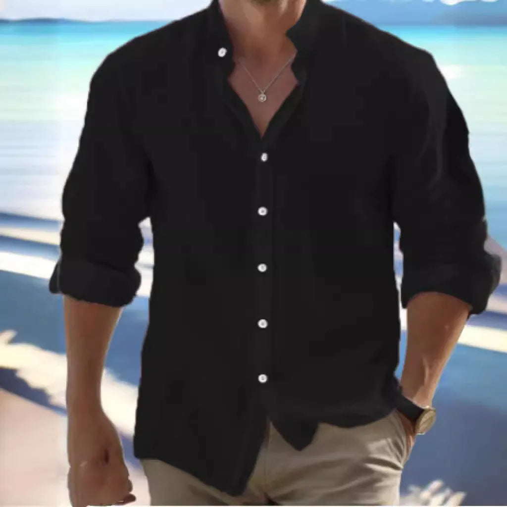 Men's casual long-staple cotton pullover shirt in light blue with collage stitching detail.
