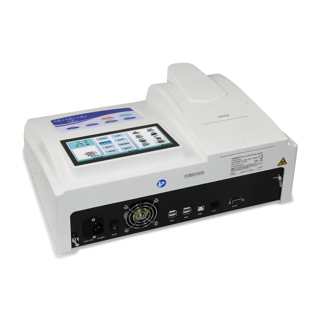 CONTEC BC300 semi-auto biochemistry blood analyser with touch screen and free thermal printer on lab bench