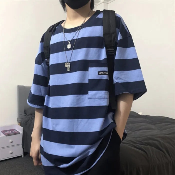 Striped short sleeve t-shirt in polyester fibre, available in blue and yellow, sizes L to XXL.