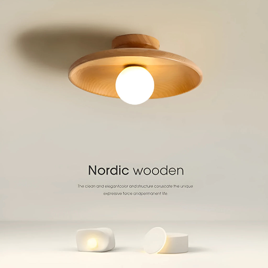 Modern solid wood ceiling lamp with glass shade in light wood and walnut colour finishes.