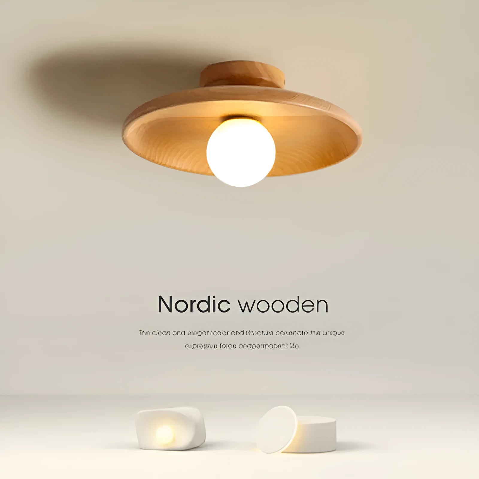 Modern solid wood ceiling lamp with glass shade in light wood and walnut colour finishes.