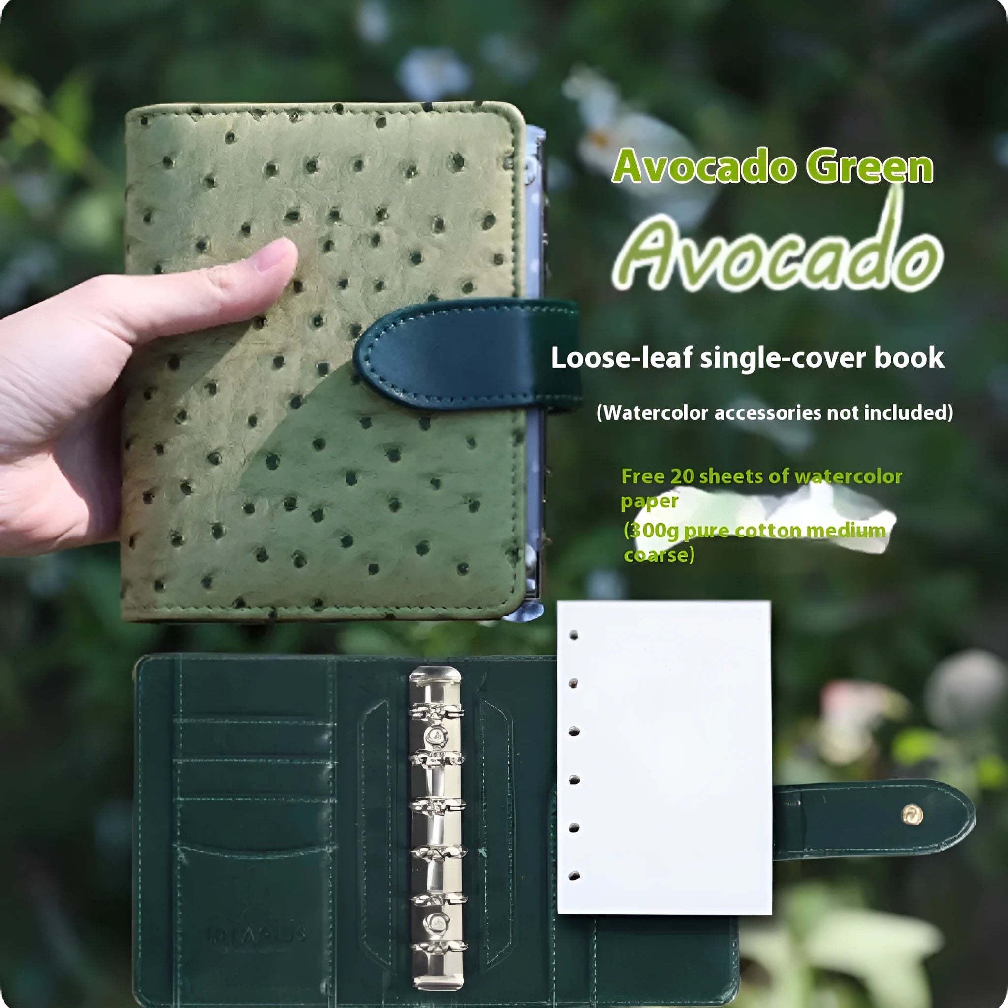 A7 loose-leaf watercolour book shown in five colour options: avocado green, hazelnut brown, mango pudding, mocha coffee and rainforest green