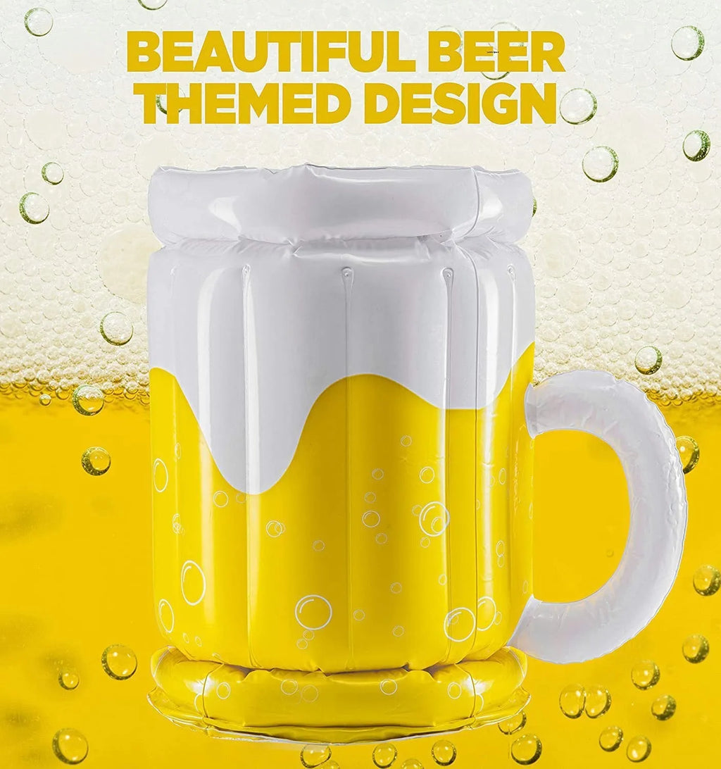 Large yellow inflatable beer mug cooler float holding drinks in a swimming pool