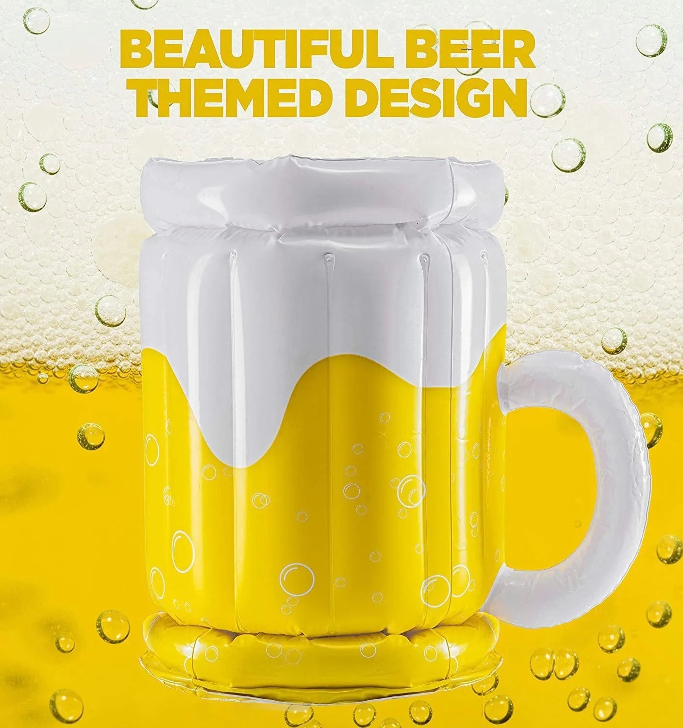 Large yellow inflatable beer mug cooler float holding drinks in a swimming pool