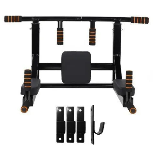 Black wall-mounted metal fitness rack with sandbag holder, parallel bars, and pull-up station.