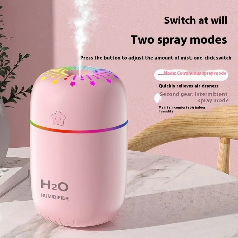 Small white USB desktop humidifier with fireworks design beside measurement showing 75mm width
