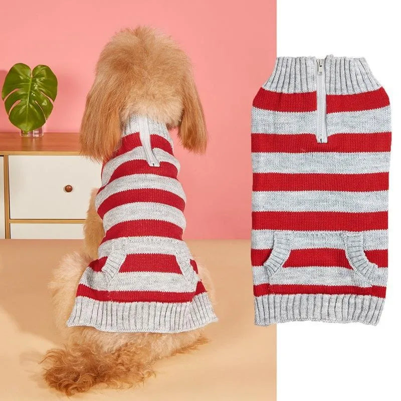 Grey acrylic dog sweater with a horizontal zipper and a button pocket on the side.