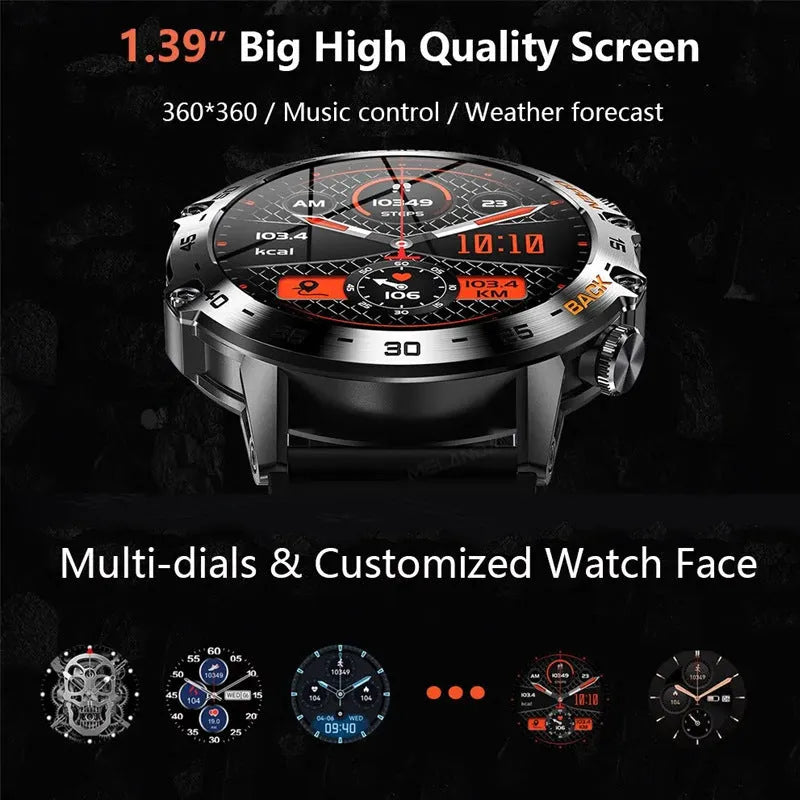 Bluetooth calling smart watch outdoor with IPS screen, heart rate monitor, and black glue strap