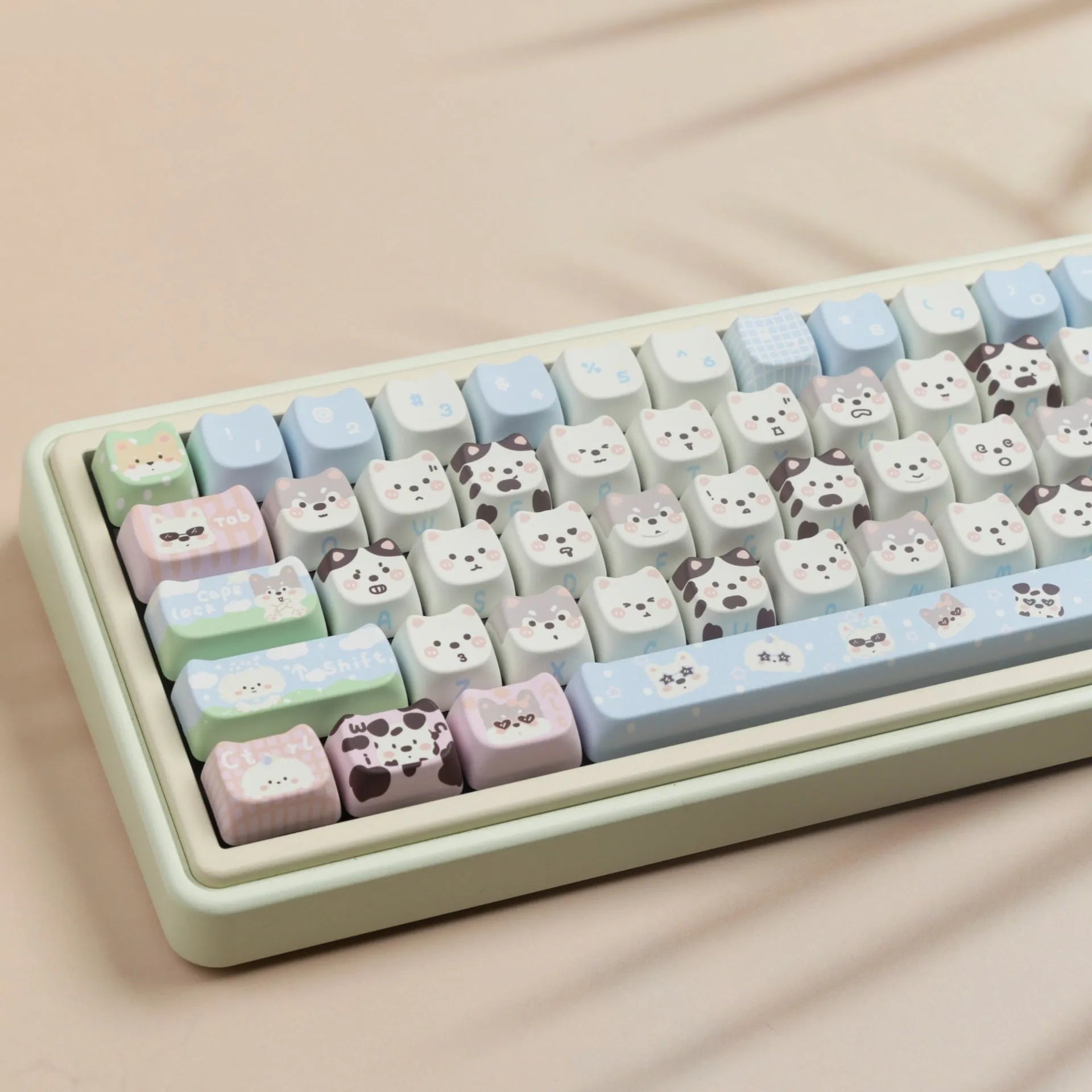 Full set of white PBT keycaps with cute puppy sublimation design for mechanical keyboards
