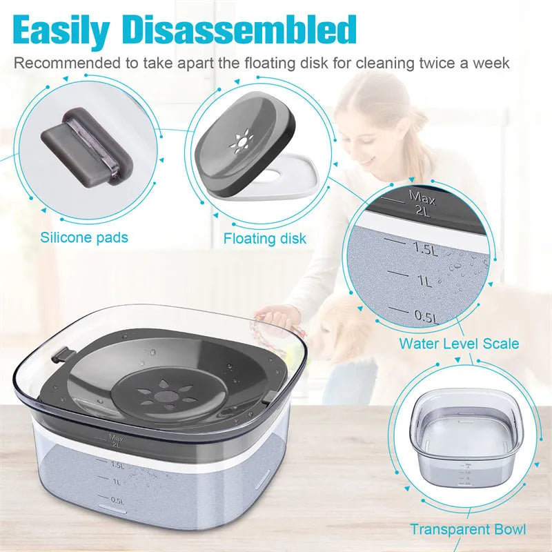 Transparent 70oz/2L dog water bowl with visible water level and floating disk