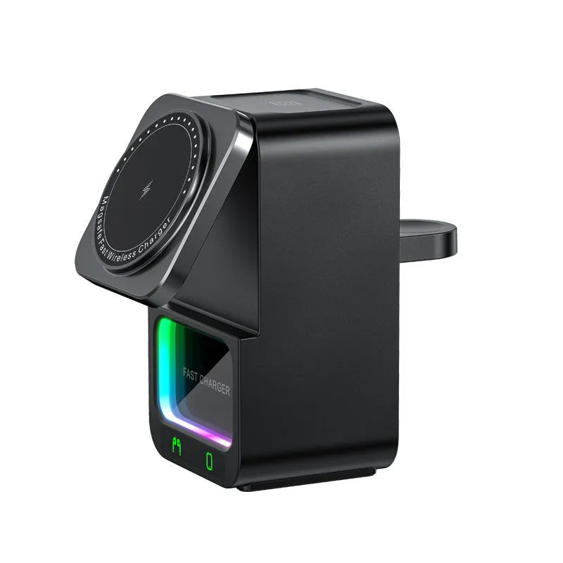 White Bluetooth speaker with wireless charging station showing magnetic attachment area for smartphones