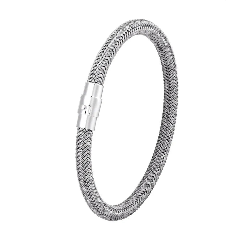 Titanium steel geometric wire bracelet with a magnetic clasp, shown in a silver tone.
