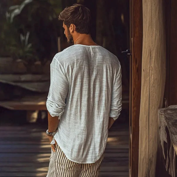 Men's beige slim fit V-neck long-sleeved T-shirt made from hemp blend fabric