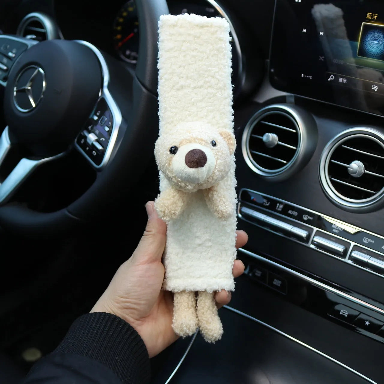 Cartoon plush car seatbelt shoulder protector in Rabbit and Bear designs made from soft lamb wool.