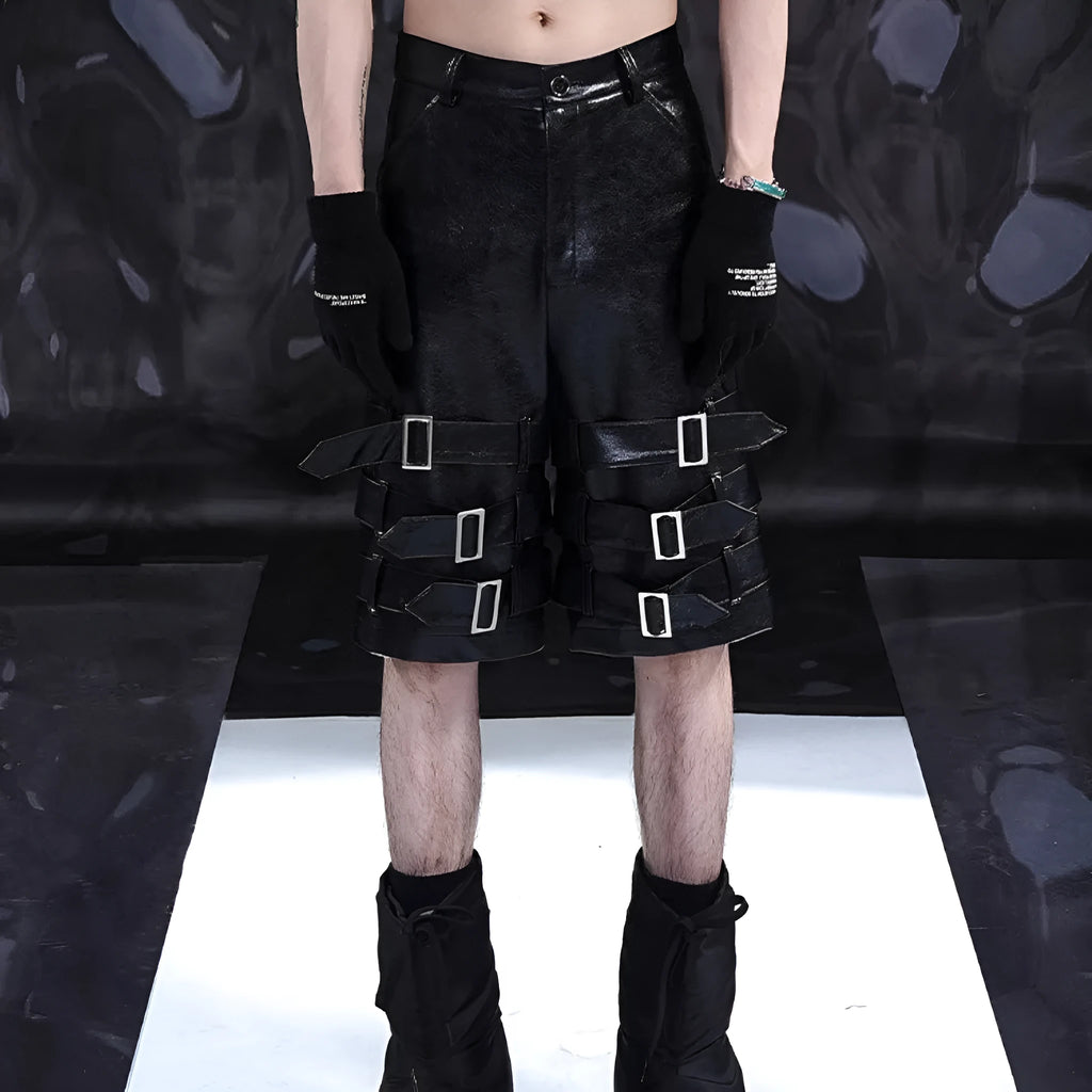Black men's leather shorts with ring detail and cropped design